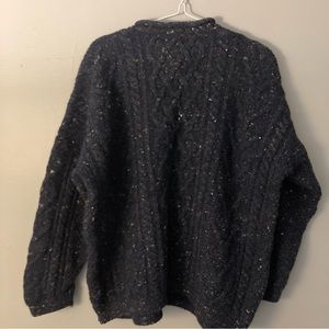 Blue speckled knit sweater faux cowl stitch wool Sz large thick knit heavyweight